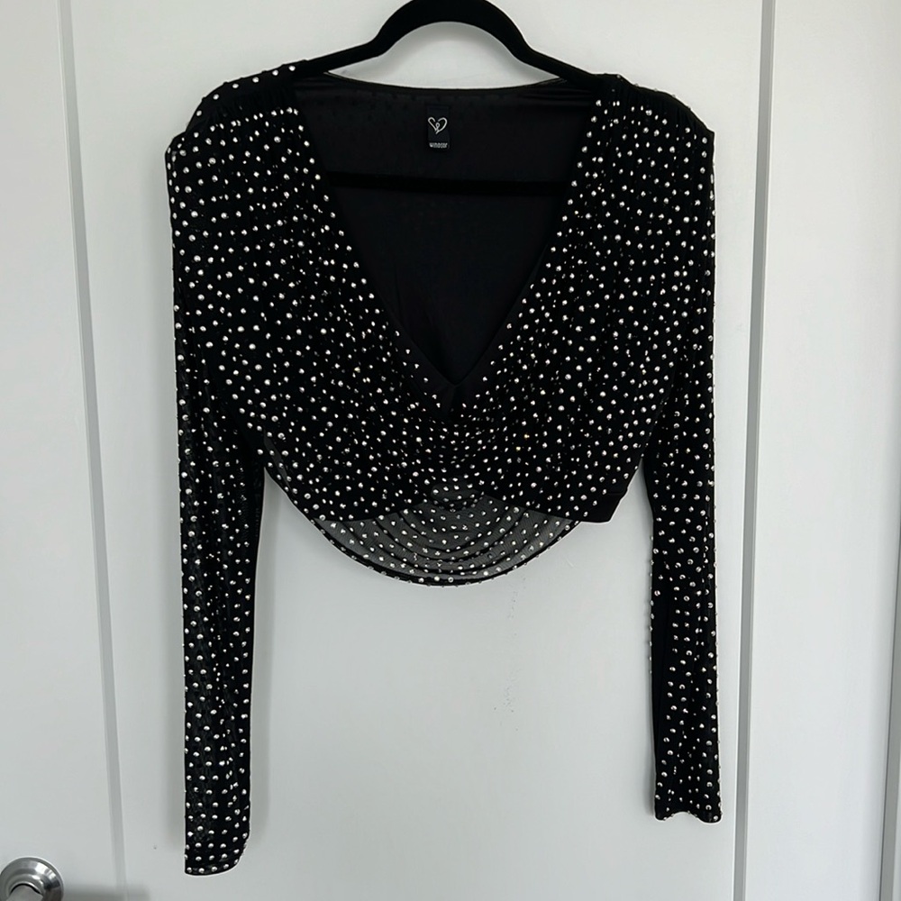 Cowl neck rhinestone crop top